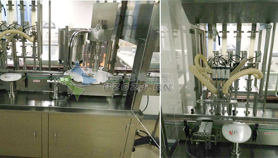 4頭液體全自動(dòng)灌裝旋蓋一體機(jī)灌裝頭灌裝及旋蓋過程